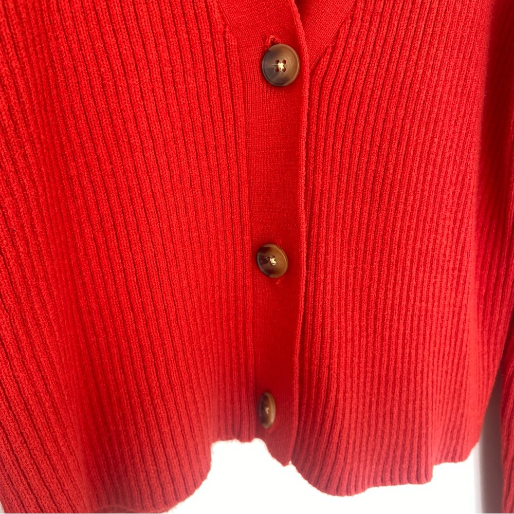 JOE FRESH BRIGHT RED RIBBED CARDIGAN WITH TORTOISE SHELL BUTTONS, LARGE - Picture 5 of 7